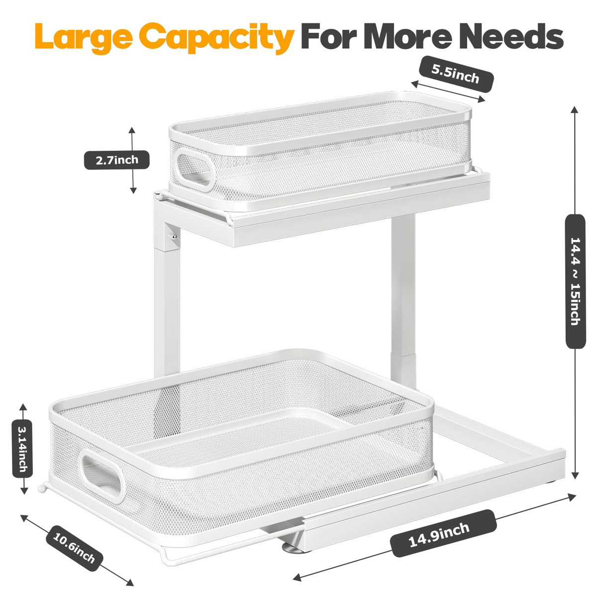 2-Pack Under Sink Storage Organizer With 2-Tier Slide Out Drawer, Sophisticated Mesh Pull Out Shelf For Kitchen & Bathroom